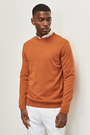 Erkek Kiremit Standart Fit Normal Kesim Bisiklet Yaka Triko Kazak