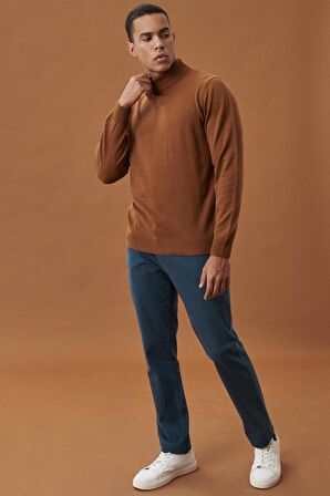Erkek Petrol Slim Fit Dar Kesim Pamuklu Esnek Chino Pantolon
