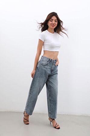 Kadın Yüksek Bel Skater Fit Jean Pantolon Buz Mavisi