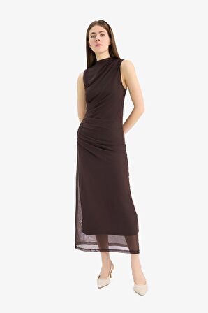 Bodycon Vücudu Saran Yarım Balıkçı Yaka Basic Düz Tül Kolsuz Maxi Elbise