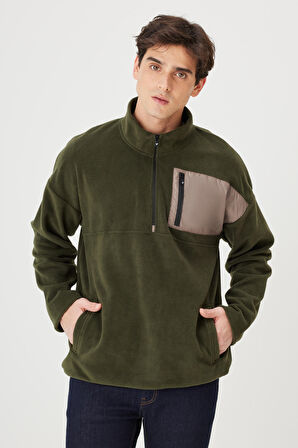 Erkek Haki Oversize Bol Kesim Bato Yaka Cep Detaylı Fermuarlı Soğuk Geçirmez Polar Sweatshirt
