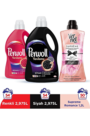 Perwoll Sıvı Çamaşır Deterjanı Renkli 2.97 L + Siyah 2.97 L + Vernel Max 1200 ML Supreme Romance