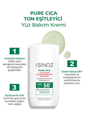 Sinoz Spf50 Pure Cica Anında Ton Eşitleyici Yüz Bakım Kremi - Yeni Nesil Mineral Güneş Filtresi