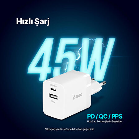 ttec SmartCharger Duo PD 45W Seyahat Hızlı Şarj Aleti USB-C+USB-A