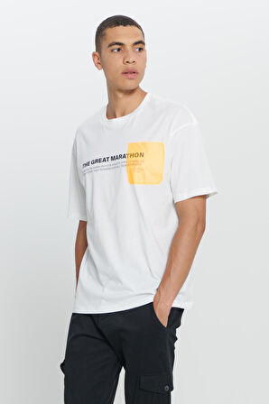 Loose Fit Bol Kesim %100 Pamuk Baskılı Bisiklet Yaka Tişört