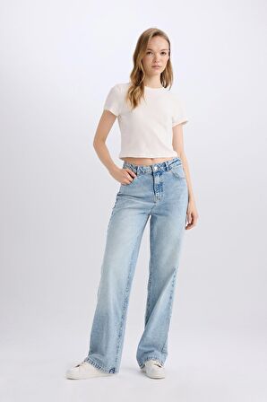 90's Wide Leg Yüksek Bel Uzun Jean Yıkamalı Pantolon