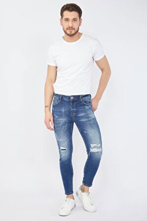 Erkek Skinny Fit Yırtık Detaylı Jean Koyu Mavi