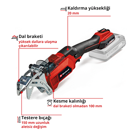 Einhell Akülü Budama Testeresi GE-GS 18/150 Li-Solo Power X-Change (18V, max. 100 mm kesim kalınlığı, 20 mm kaldırma yüksekliği, çıkarılabilir dal braketi, 2x testere bıçağı dahildir, akü dahil değildir) - 3408290
