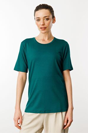 Kadın Sıfır Yaka Basic Penye T-shirt Yeşil