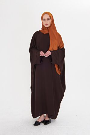 Kahve Yarasa Kol Oversize Medine İpeği Arkası Düğmeli Düz Elbise 4001_14