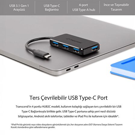 Transcend TS-HUB2C – USB-C Cihazlarınız İçin 4 Portlu USB 3.1 HUB