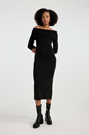 DeFacto Slim Fit Dar Kesim Açık Omuz Basic Düz Uzun Kollu Midi Triko Elbise C0618AX23WNBK27