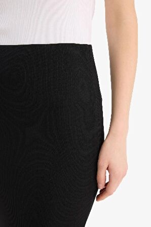 Yüksek Bel Fitilli Kaşkorse Basic Düz Maxi Siyah Kalem Etek