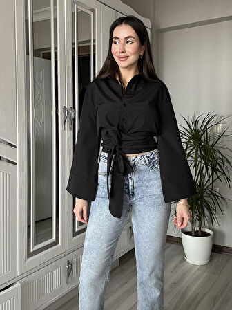 Kadın Siyah İspanyol Kol Bel Bağlamalı Kuşaklı Tasarım Poplin Gömlek 