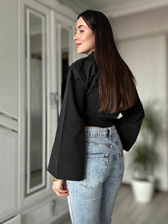 Kadın Siyah İspanyol Kol Bel Bağlamalı Kuşaklı Tasarım Poplin Gömlek 