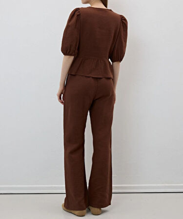 Kadın Acı Kahve Ön Bağlamalı Bluz ve Pantolon İkili Takım %100 Pamuk Müslin Alt Üst Takım