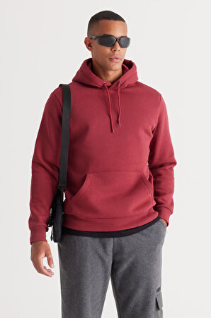 Erkek Bordo Standart Fit Içi Polarlı 3 Iplik Kapüşonlu Kanguru Cepli Pamuklu Sweatshirt