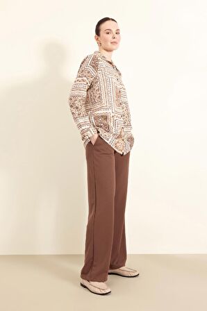 Regular Fit Cepli Krep Geniş Paça Pantolon