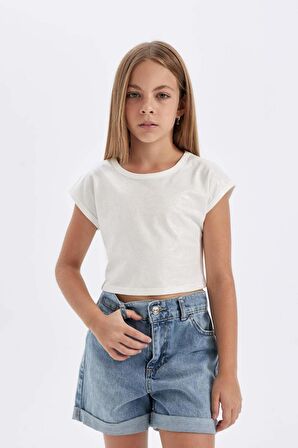 DeFacto Kız Çocuk Slim Fit Dar Kesim Bisiklet Yaka Fitilli Kaşkorse Kısa Kollu Tişört C5467A824SMPN74