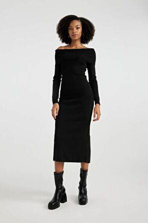 DeFacto Slim Fit Dar Kesim Açık Omuz Basic Düz Uzun Kollu Midi Triko Elbise C0618AX23WNBK27