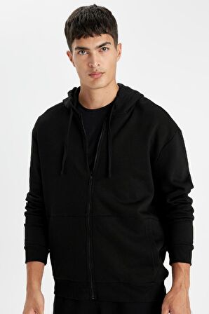 DeFacto Siyah Comfort Regular Fit Rahat Kalıp Kapüşonlu Kalın İçi Yumuşak Tüylü Fermuarlı Sweatshirt D2323AX24AUBK81