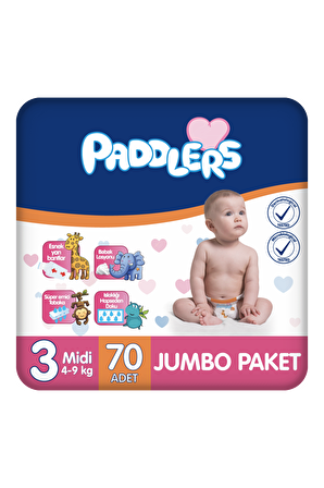 Paddlers Bebek bezi 3 Numara Midi 70 Adet (4-9 Kg) Jumbo Paket