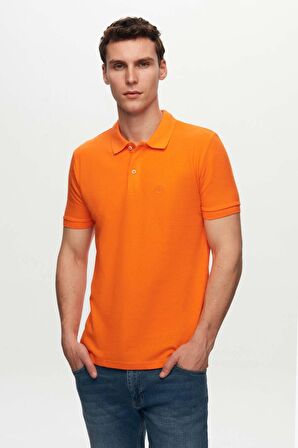 Regular Fit Turuncu Pike Dokulu %100 Pamuk Kıvrılmaz Polo Yaka Nakışlı T-shirt 4HC14ORT51000