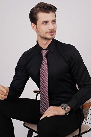 Gömlek Kravat Seti ( sunda Bordo Kare Desenli Kravat & Siyah Saten Slimfit Gömlek)