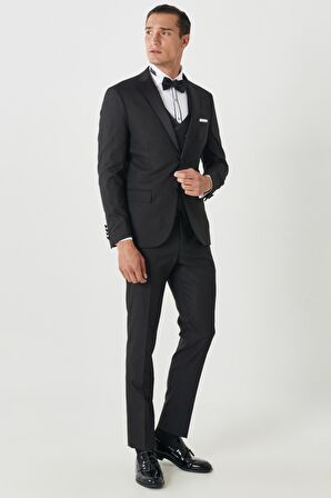 Erkek Siyah Slim Fit Dar Kesim Mono Yaka Desenli Yelekli Smokin Takım