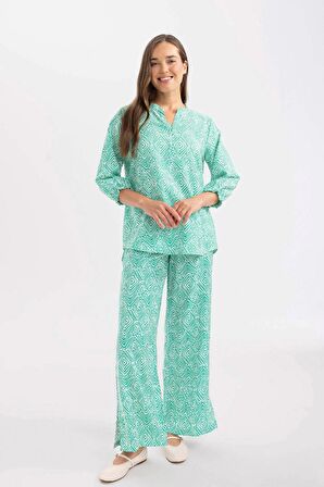 DeFacto Wide Leg Geniş Bol Paça Pantolon Desenli Esnek Belli Paça Yırtmaç Detaylı Cepli C9161AX24SMGN700
