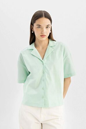 DeFacto Coool Oversize Fit Pijama Yaka Flamlı Pamuk Kısa Kollu Gömlek C0743AX24SMGN240