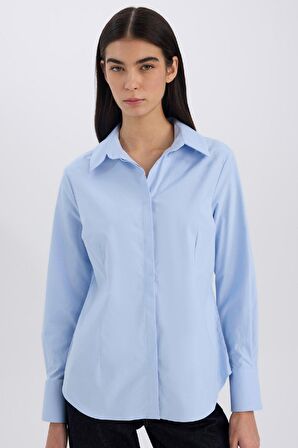 DeFacto Fitted Basic Düz Düğmeli Bengalin Dokuma Uzun Kollu Gömlek Y4651AZ24AUBE366