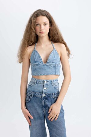 DeFacto Afra x DeFacto Boyundan Bağlamalı Crop Jean Bluz C5862AX24SPNM28