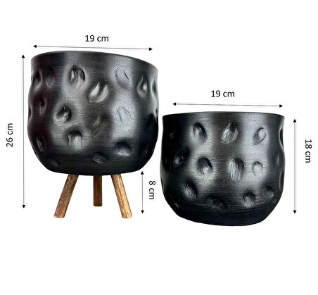 Ev Dekorasyon Aksesuar Siyah Desenli Toprak Saksı Saksılık Salon Çiçeklik İkili Set Ayaksız - 3 Ayaklı- 19 CM
