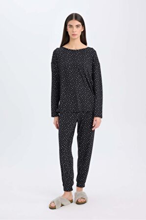 DeFacto Pijama Takımı Softshell Uzun Kollu Üst Beli Lastikli Uzun Altı-Fall in Love D9183AX24WNBK81
