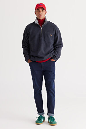 Erkek Indigo Melanj Loose Fit Içi Polarlı Iplik Bato Yaka Pamuklu Sweatshirt