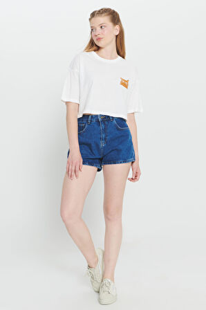 Oversize Fit Bol Kesim %100 Pamuk Bisiklet Yaka Baskılı Crop Tişört