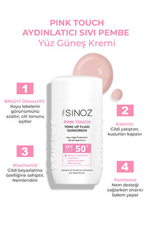 Sinoz Spf50 Pink Touch Aydınlatıcı Sıvı Yüz Güneş Kremi Yeni Nesil Güneş Filtreleri Hibrit Formül 50ml