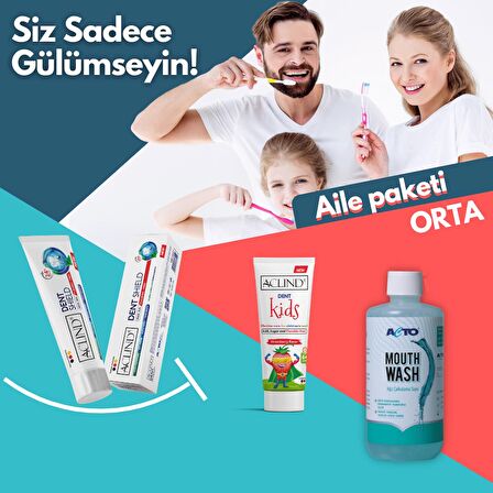 Aclind Aile Ağız Bakım Paketi - Orta (DENT SHIELD 100 ml + Dent Kids 15 ml + MOUTHWASH 500 ml )