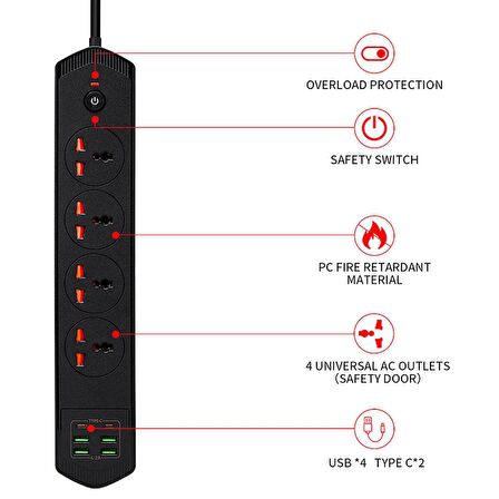 qasulYeni Nesil TypC Port Girişli Akım Korumalı 10 Girişli 4 Priz 4 USB, 2 Type-C Giriş, Isıya Dayanıklı