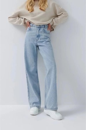Lenithra Kadın Yüksel Bel Palazzo Geniş Paça Salaş Denim Jean Likrasız Mavi / 38