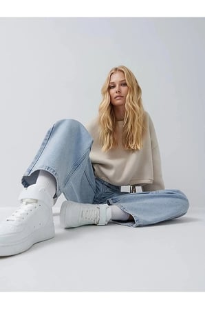 Lenithra Kadın Yüksel Bel Palazzo Geniş Paça Salaş Denim Jean Likrasız Mavi / 38