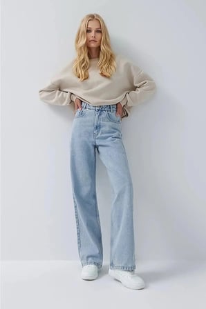 Lenithra Kadın Yüksel Bel Palazzo Geniş Paça Salaş Denim Jean Likrasız Mavi / 40