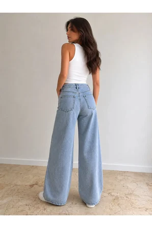 Christian 90's Açık Mavi Palazzo Salaş Paça Süper Yüksek Bel Jean Pantolon