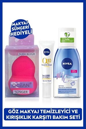 Nivea Çift Etkili Göz Makyaj Temizleyici 125ml ve Q10 Göz Bakım Kremi 15ml, Makyaj Süngeri Hediye