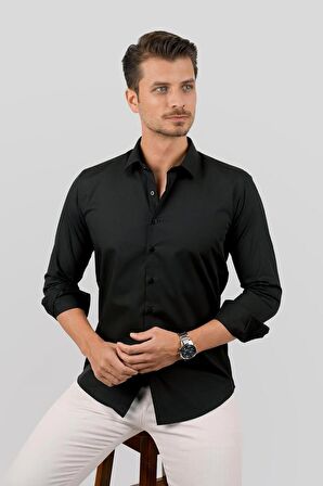 Kolay Ütülenebilir Dakron Düz Siyah Slimfit Gömlek
