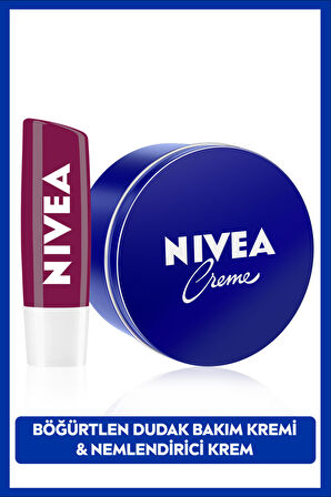 NIVEA Creme Nemlendirici Vücut Bakım Kremi 250ml ve Böğürtlen Dudak Bakım Kremi 4.8gr, Hafif Bordo Işıltı, Cüzdan Hediye