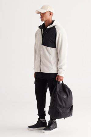 Erkek Bej Oversize Bol Kesim Kapüşonlu Sherpa Polar Sweatshirt Ceket