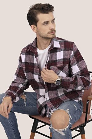 Kiraz Beyaz Geçişli Oversize Kalın Oduncu Gömlek