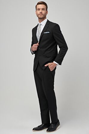 Erkek Siyah Regular Fit Normal Kesim Yünlü Su Ve Leke Tutmayan Nano Takım Elbise